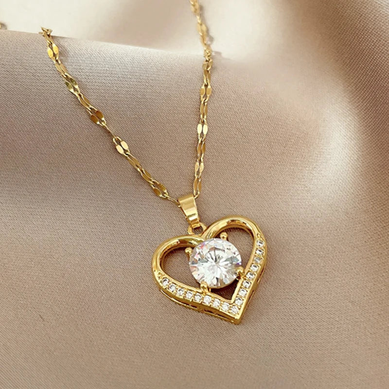 Luxury Heart Pendant Necklace – Gold Stainless Steel & Crystal Charm