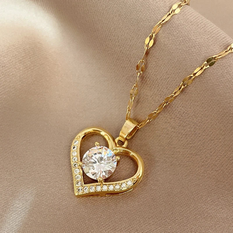 Luxury Heart Pendant Necklace – Gold Stainless Steel & Crystal Charm