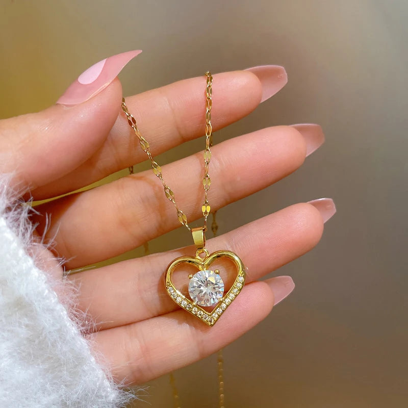 Luxury Heart Pendant Necklace – Gold Stainless Steel & Crystal Charm