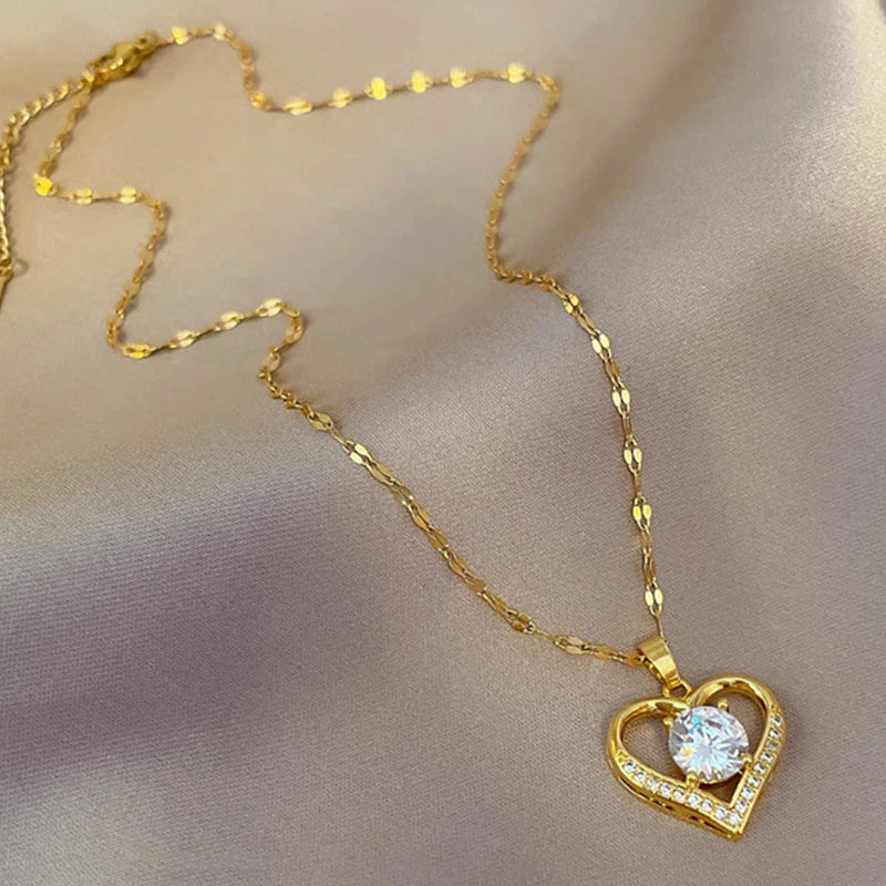 Luxury Heart Pendant Necklace – Gold Stainless Steel & Crystal Charm