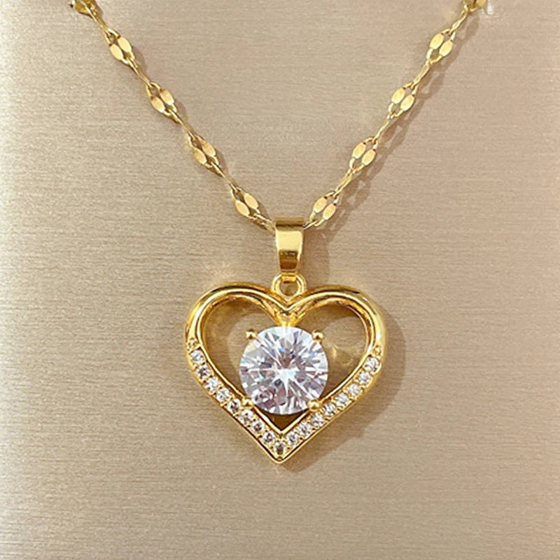 Luxury Heart Pendant Necklace – Gold Stainless Steel & Crystal Charm