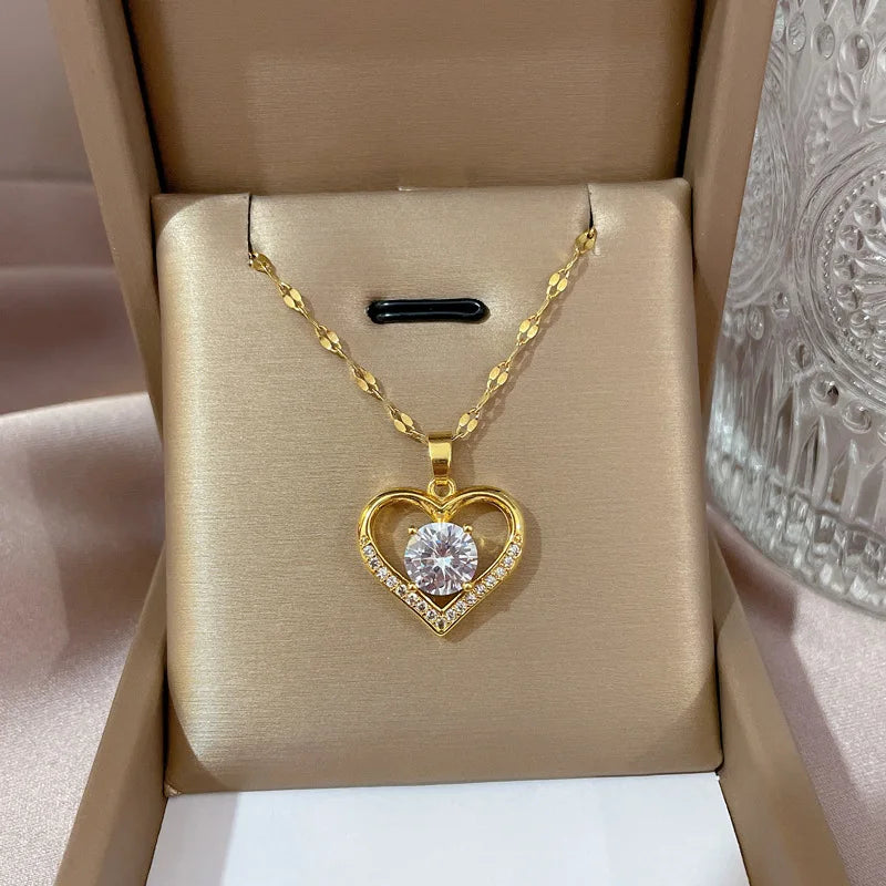 Luxury Heart Pendant Necklace – Gold Stainless Steel & Crystal Charm